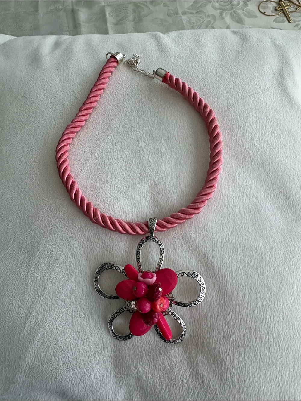Pink Rope Necklace with Pink Flower Pendant - Women Jewelry